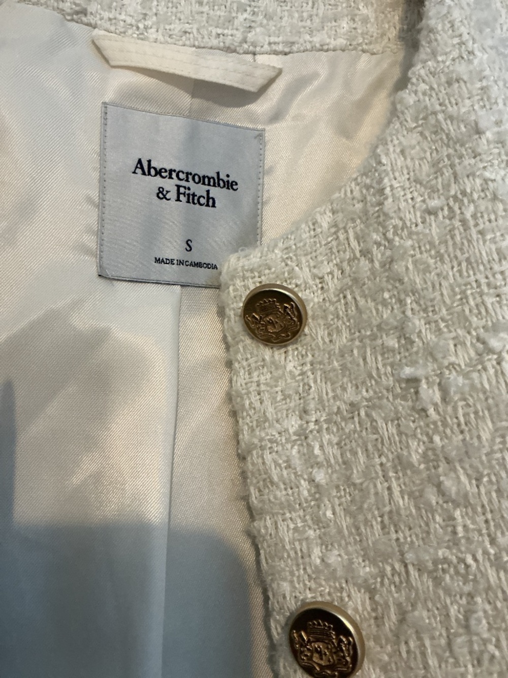 Abercrombie & Fitch Cropped Cream Tweed Short Sleeve Jacket - Picture 3 of 3